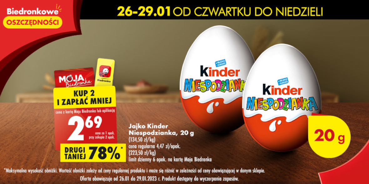 Biedronka: -78% na jajko Kinder Niespodzianka - drugi produkt 26.01.2023