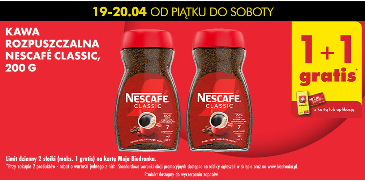 Biedronka: 1+1 GRATIS na kawę Nescafe Classic 19.04.2024
