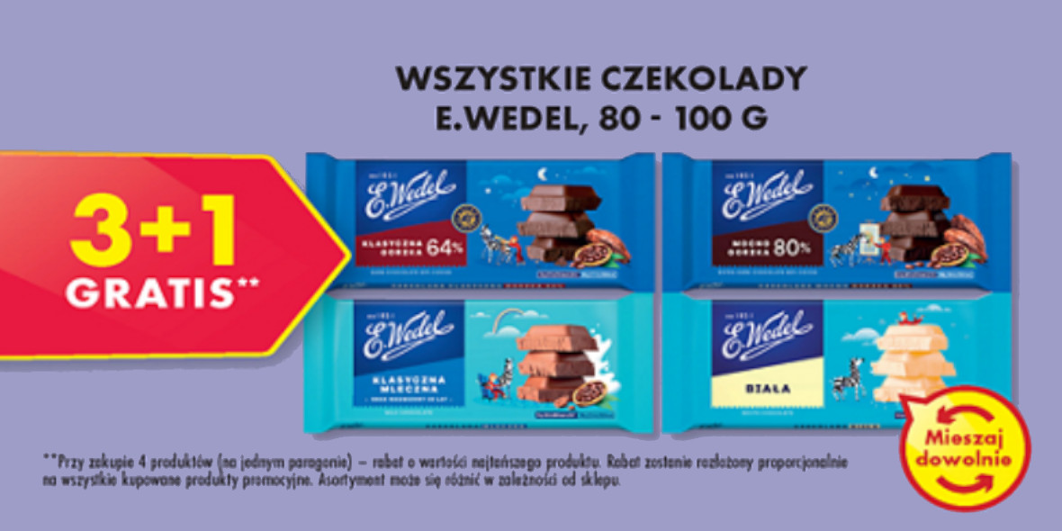 Biedronka: 3+1 GRATIS wszystkie czekolady E. Wedel 80-100 g 29.11.2022