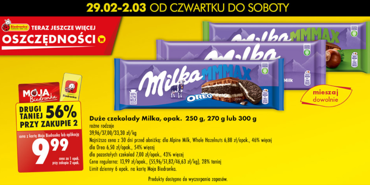 Biedronka: -56% na duże czekolady Milka 29.02.2024
