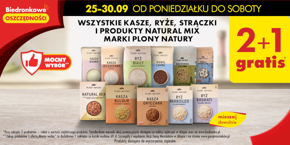Biedronka: 2+1 GRATIS kasze, ryże i produkty Natural Mixy Plony Natury 25.09.2023