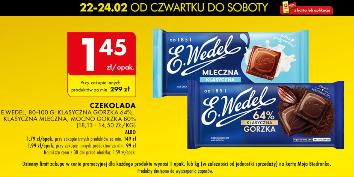 Biedronka: Od 1,45 zł za opakowanie czekolady E.Wedel 23.02.2024