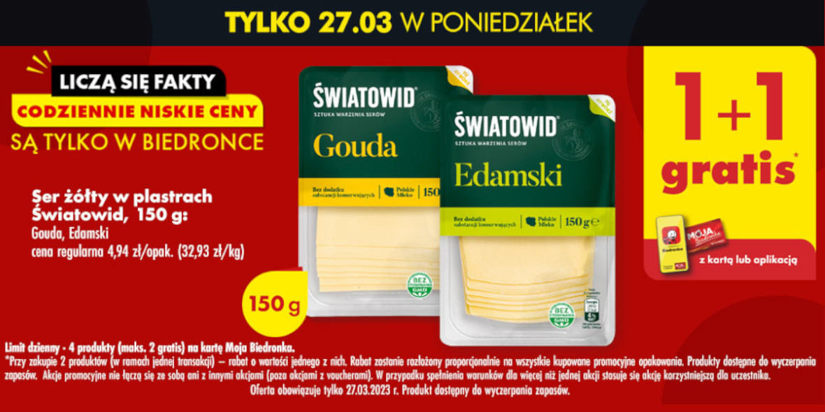 Biedronka: 1+1 GRATIS ser żółty w plastrach Światowid, 150 g 27.03.2023