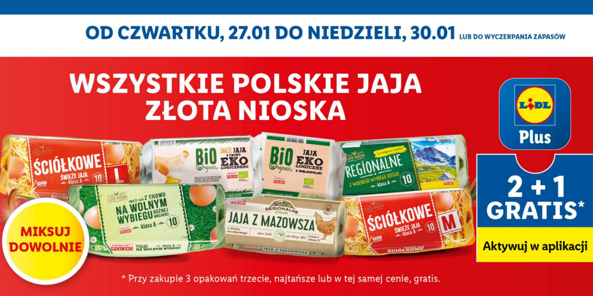 Lidl: 2+1 GRATIS - wszystkie polskie jaja Złota Nioska 27.01.2022