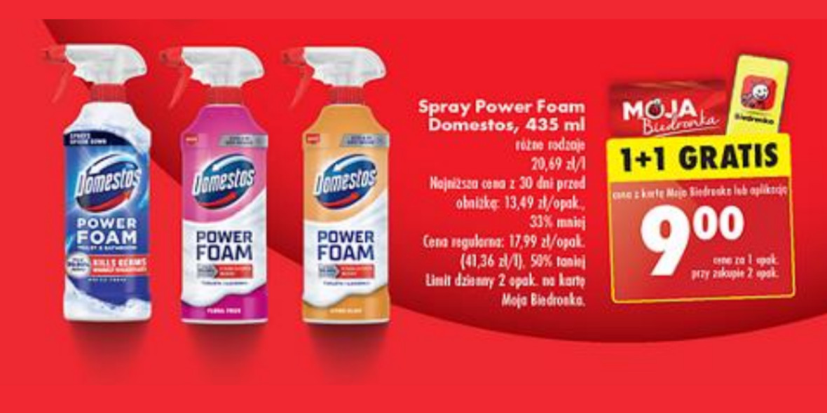 Biedronka: 1+1 GRATIS spray Power Foam Domestos 25.04.2024