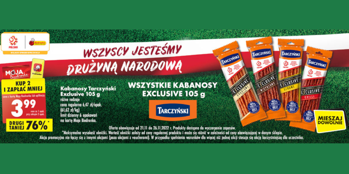 Biedronka: -76% na kabanosy Tarczyński Exclusive 105 g 21.11.2022