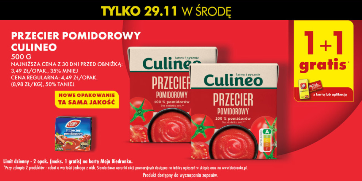 Biedronka: 1+1 GRATIS przecier pomidorowy Culineo 29.11.2023