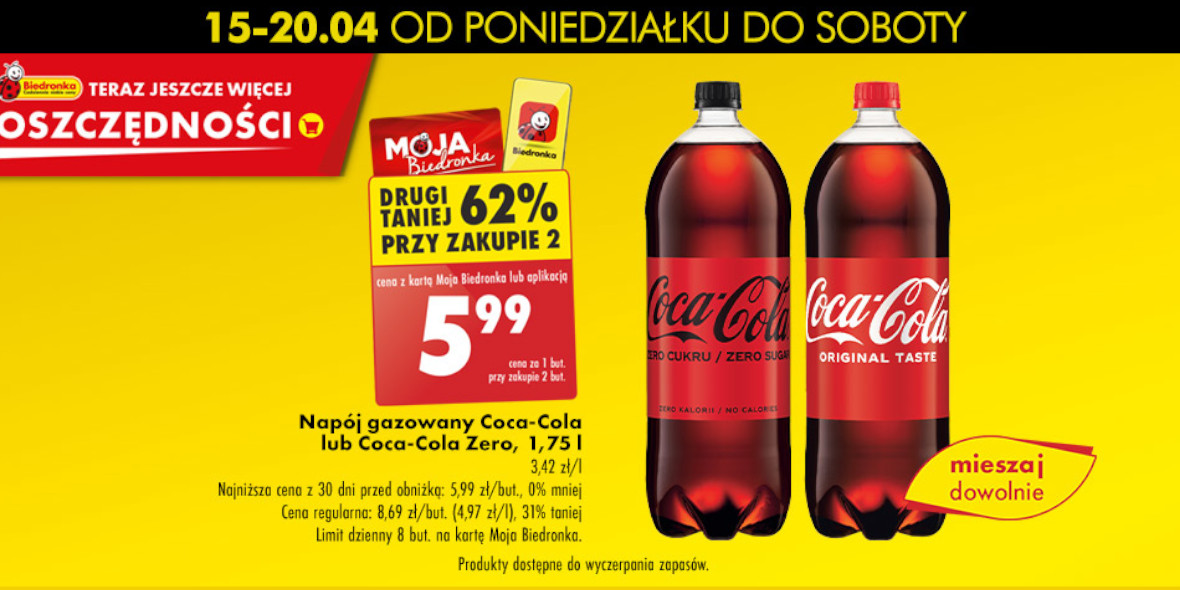 Biedronka: -62% na napój gazowany Coca Cola i Coca-Cola Zero 15.04.2024