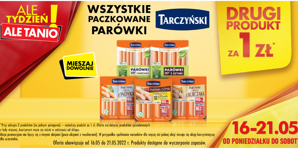 Biedronka: 1 zł za drugie opak. parówek Tarczyński 16.05.2022