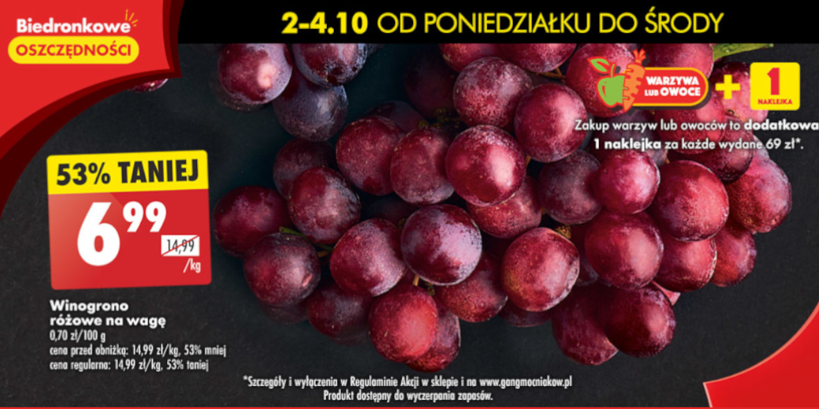 Biedronka: -53% na winogrono różowe 02.10.2023