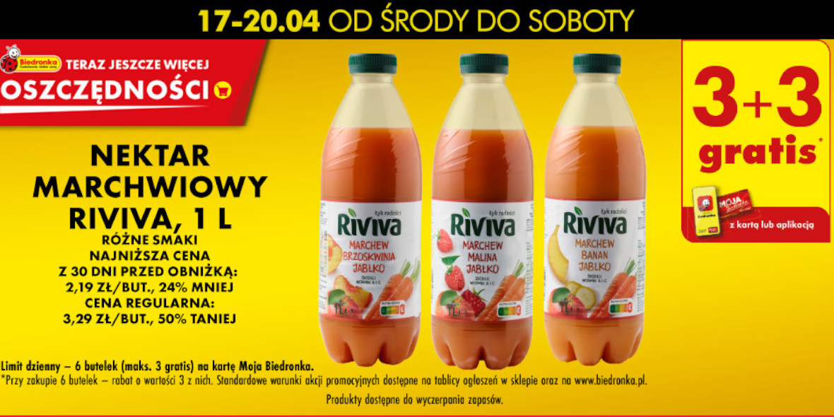 Biedronka: 3+3 GRATIS na nektar marchwiowy Riviva, butelka, 1 l 17.04.2024