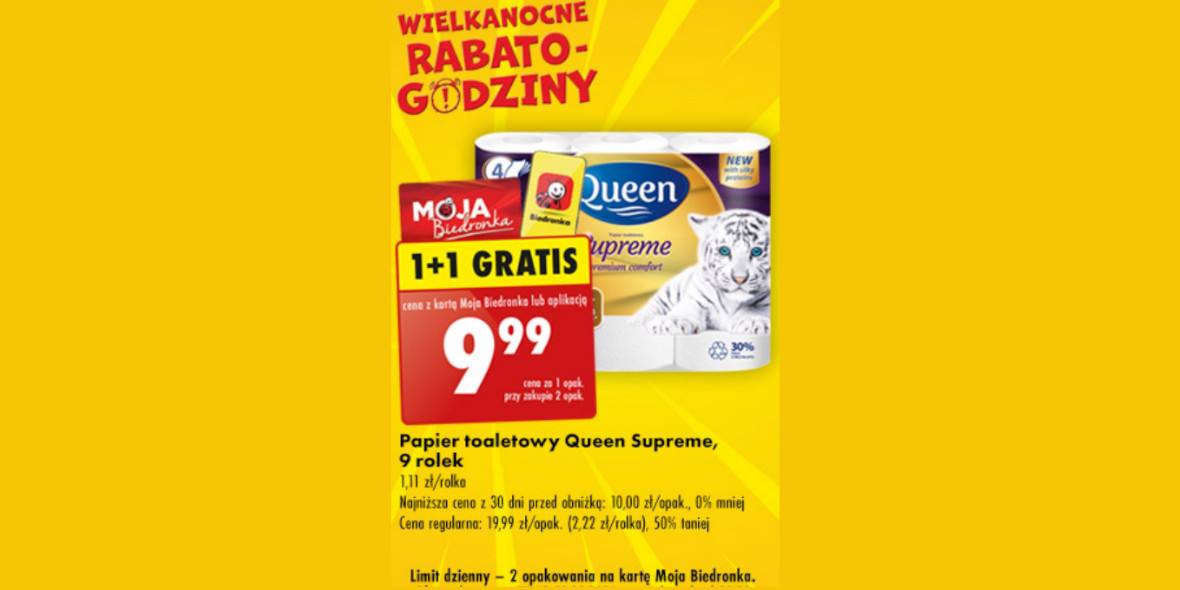 Biedronka: 1+1 GRATIS papier toaletowy Queen Supreme 28.03.2024