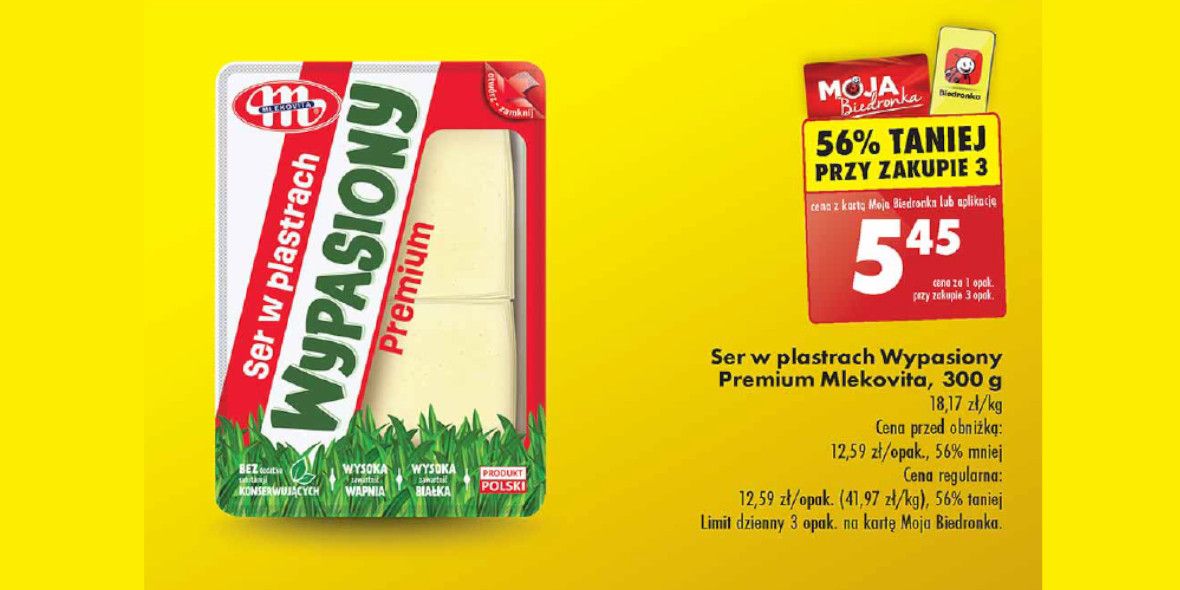 Biedronka: -56% na ser w plastrach Wypasiony Premium Mlekovita 22.05.2024