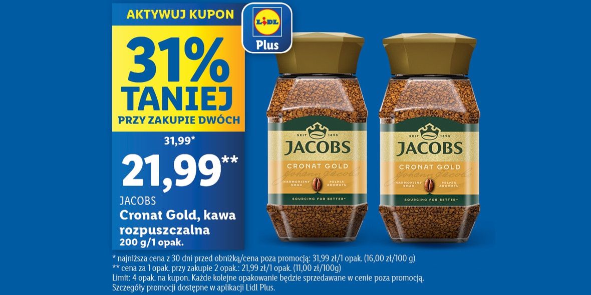 Lidl: -31% na kawę Jacobs Cronat Gold 20.05.2024