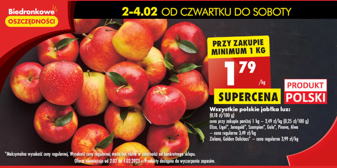 Biedronka: 1,79 zł/kg za wszystkie polskie jabłka 02.02.2023