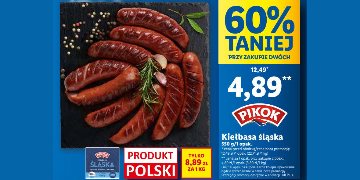 Lidl: KUPON -60% na kiełbasę śląską PIKOK 02.05.2024