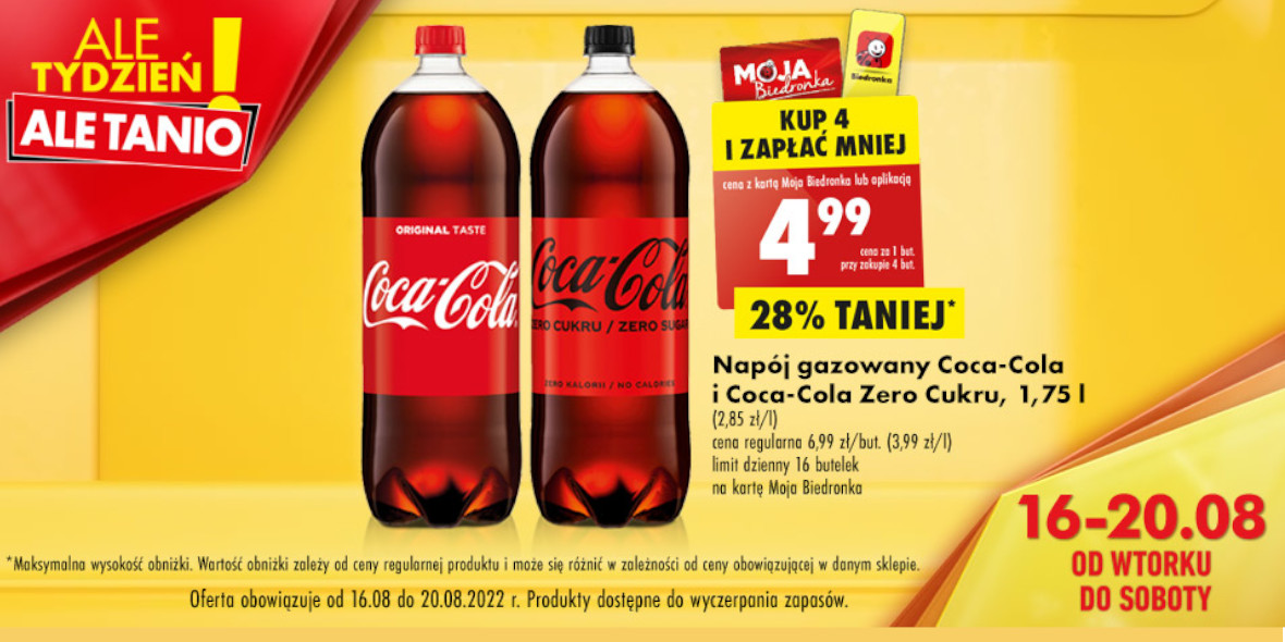 Biedronka: -28% na napój gazowany Coca Cola i Coca-Cola Zero 16.08.2022