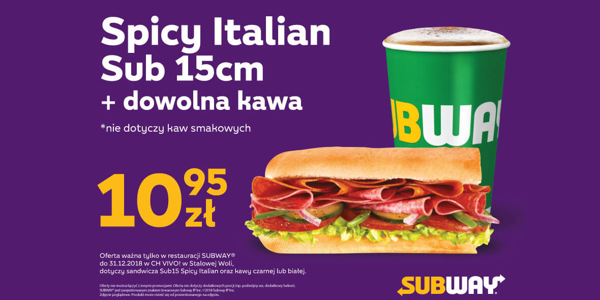 Subway: 10,95 zł za Spicy Italian Sub 15 cm + kawa