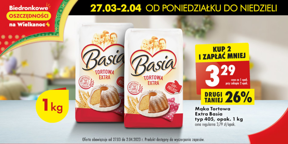 Biedronka: -26% na mąkę Tortową Extra Basia 27.03.2023