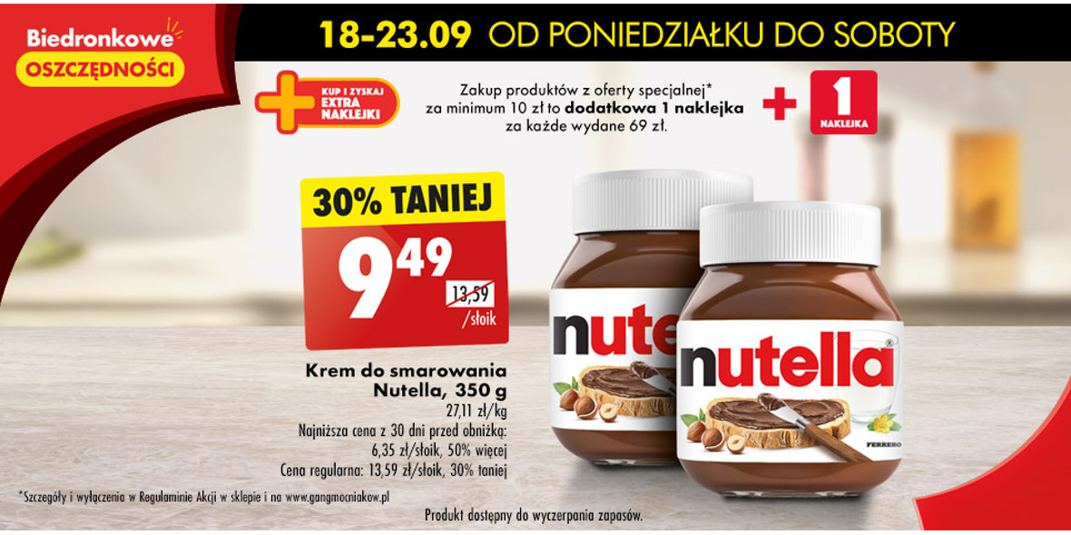 Biedronka: -30% na krem Nutella 18.09.2023