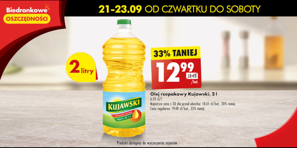 Biedronka: -33% na olej rzepakowy Kujawski, 2 l 21.09.2023