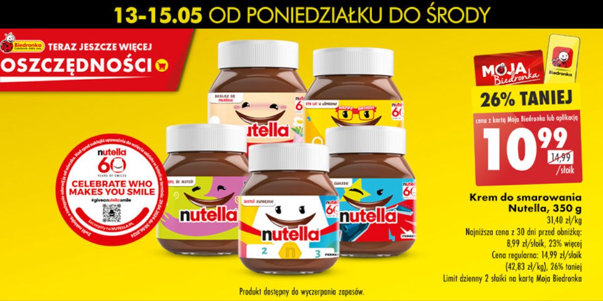 Biedronka: -26% na krem do smarowania Nutella, 350 g 13.05.2024