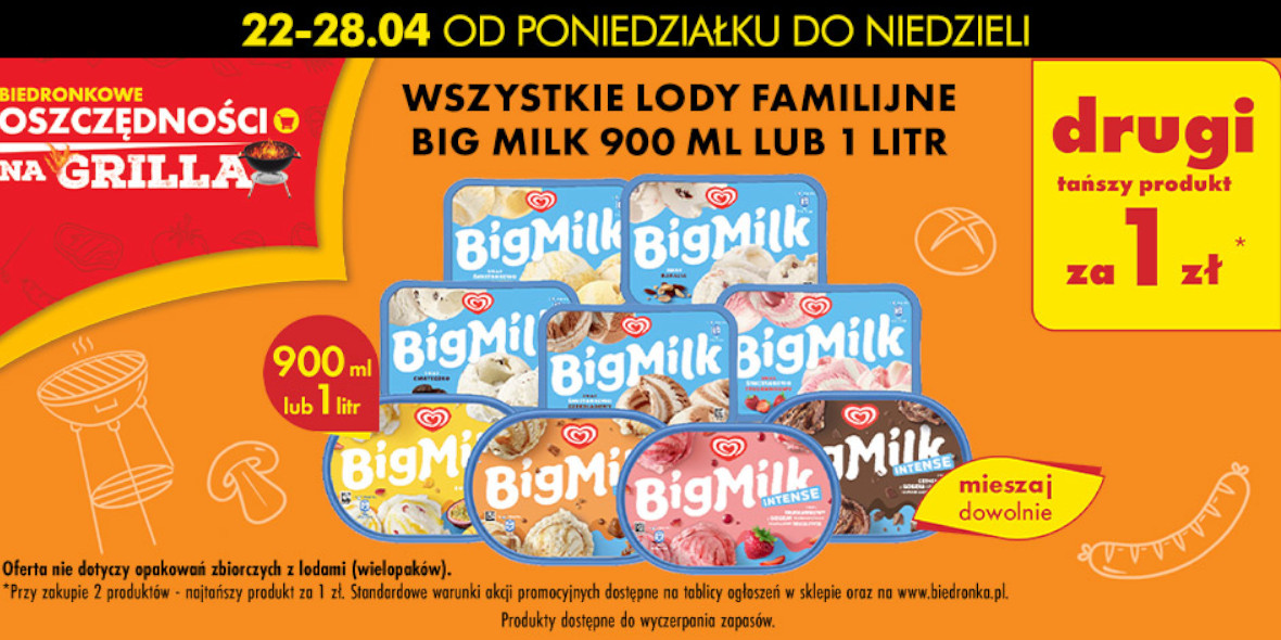 Biedronka: 1 zł za lody familijne Big Milk - drugi produkt 22.04.2024