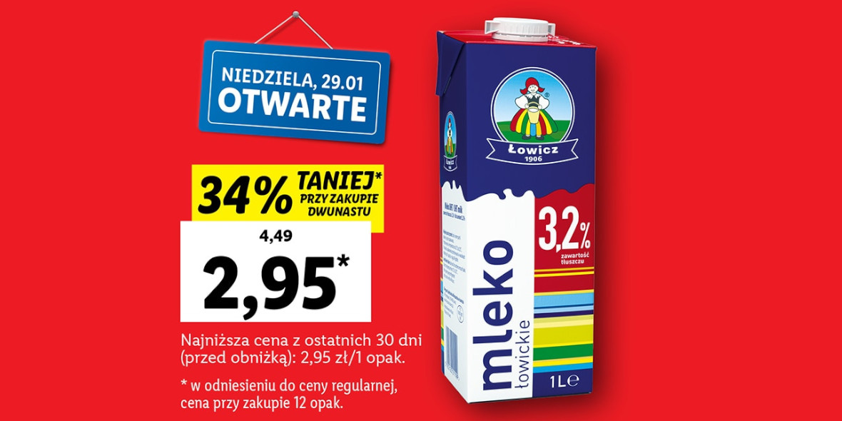 Lidl: -34% na mleko Łowicz 26.01.2023