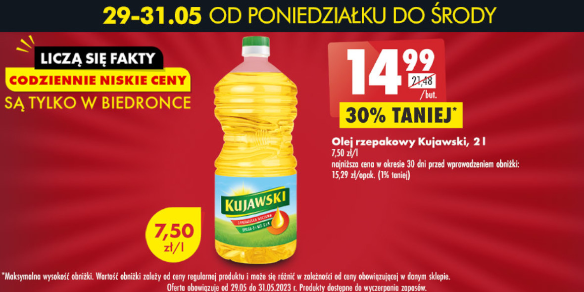 Biedronka: -30% na olej rzepakowy Kujawski, 2 l 29.05.2023