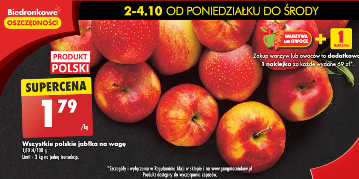 Biedronka: 1,79 zł/kg za wszystkie polskie jabłka 02.10.2023