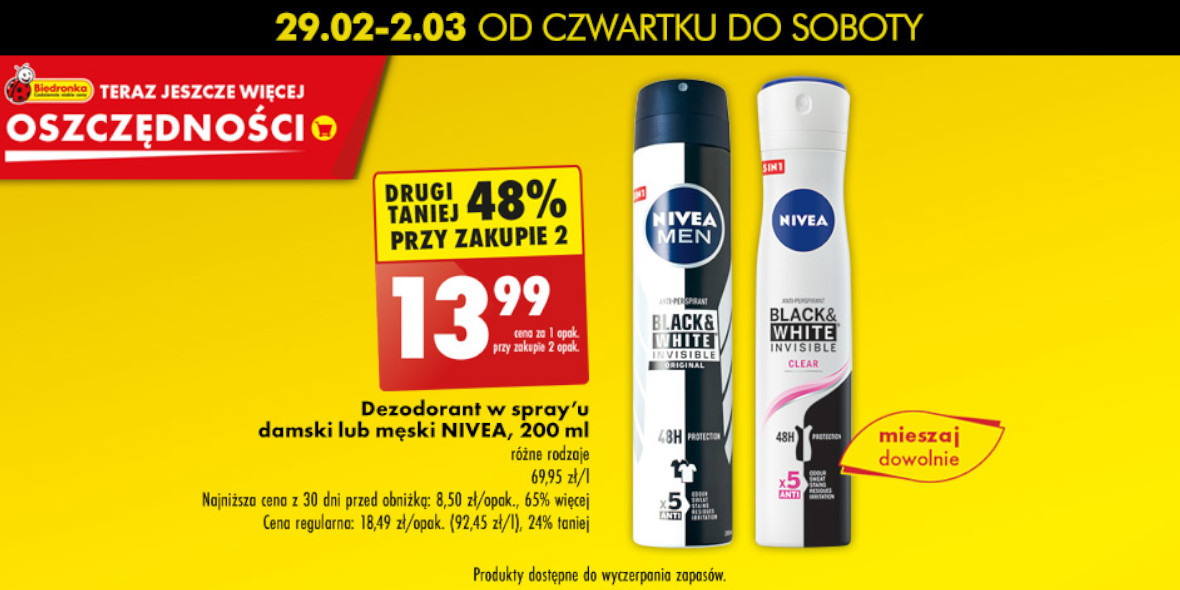 Biedronka: -48% na dezodorant NIVEA w spray'u 29.02.2024