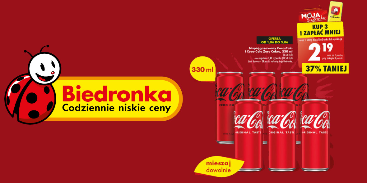 Biedronka: -37% na napój gazowany Coca Cola i Coca-Cola Zero 01.06.2023