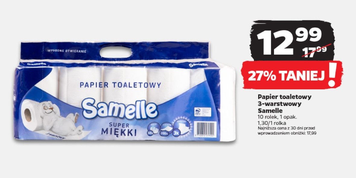 Netto: -27% na papier toaletowy 3-warstwowy Samelle 13.05.2024