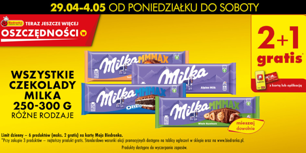 Biedronka: 2+1 GRATIS wszystkie czekolady Milka 30.04.2024
