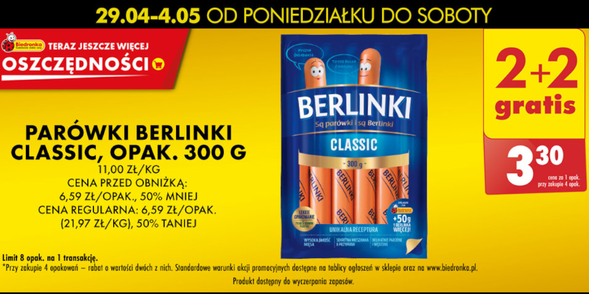 Biedronka: 2+2 GRATIS parówki Berlinki Classic, opak. 300 g 30.04.2024