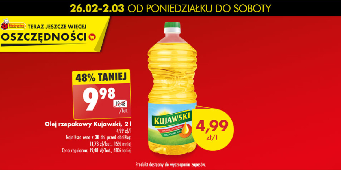 Biedronka: -48% na olej rzepakowy Kujawski, 2 l 26.02.2024