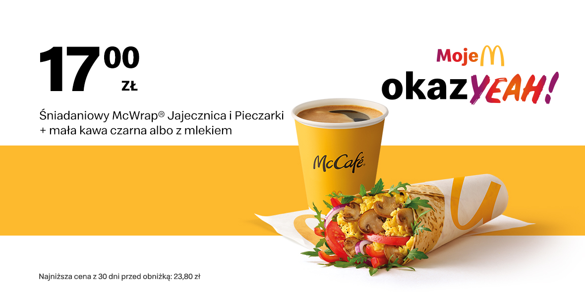 McDonald's: 17 zł Śniadaniowy McWrap® + mała kawa 29.04.2024