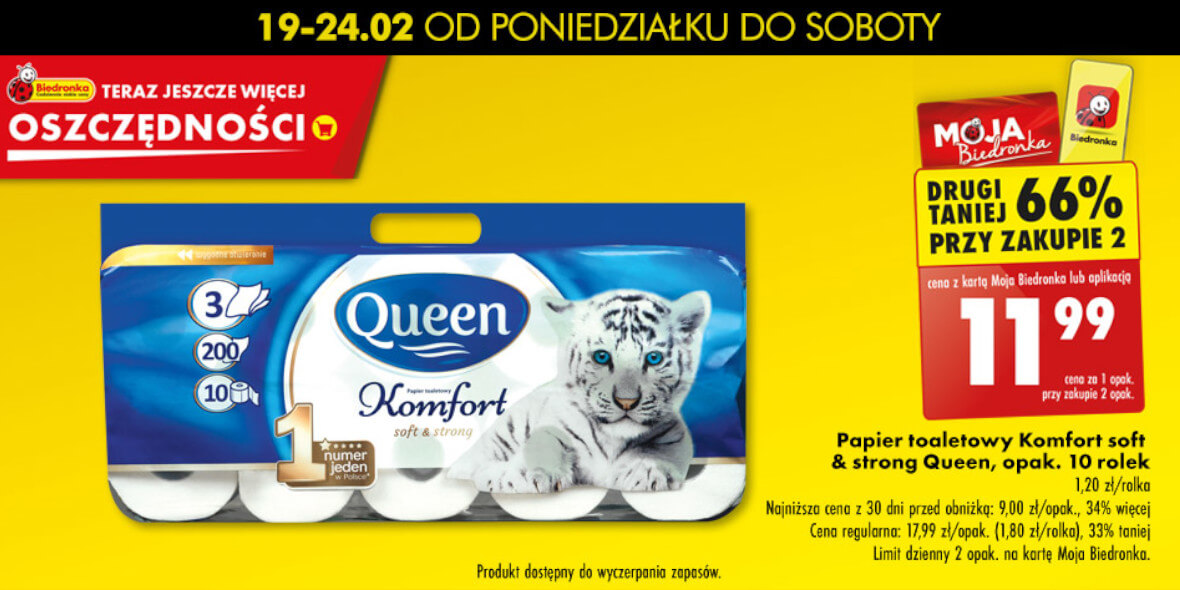 Biedronka: -66% na papier toaletowy Queen Komfort, 10 rolek 19.02.2024