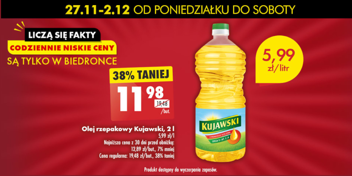 Biedronka: -38% na olej rzepakowy Kujawski, 2 l 27.11.2023