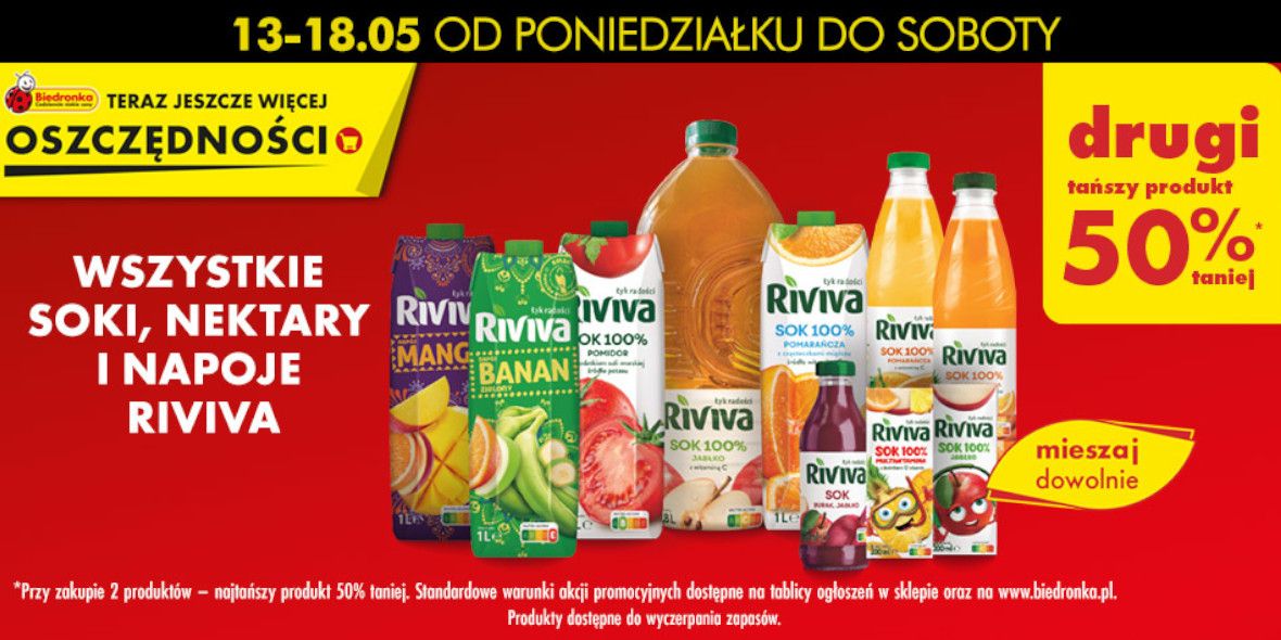 Biedronka: -50% na wszystkie soki, nektary i napoje Riviva 13.05.2024