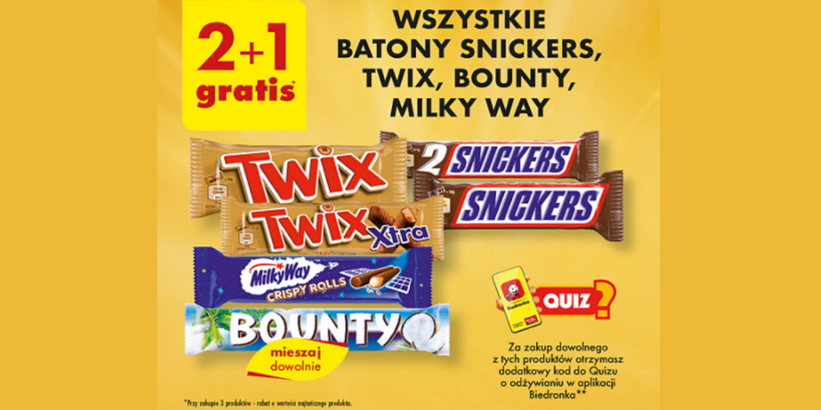 Biedronka: 2+1 GRATIS na batony Snickers, Twix, Bounty, Milky Way 19.09.2023