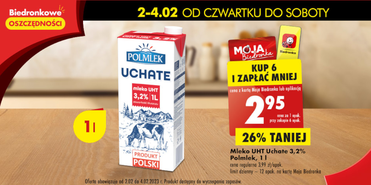 Biedronka: -26% na mleko UHT Uchate 3,2% 02.02.2023