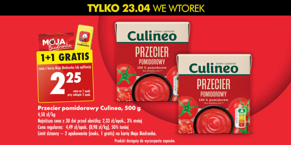 Biedronka: 1+1 GRATIS przecier pomidorowy Culineo 23.04.2024