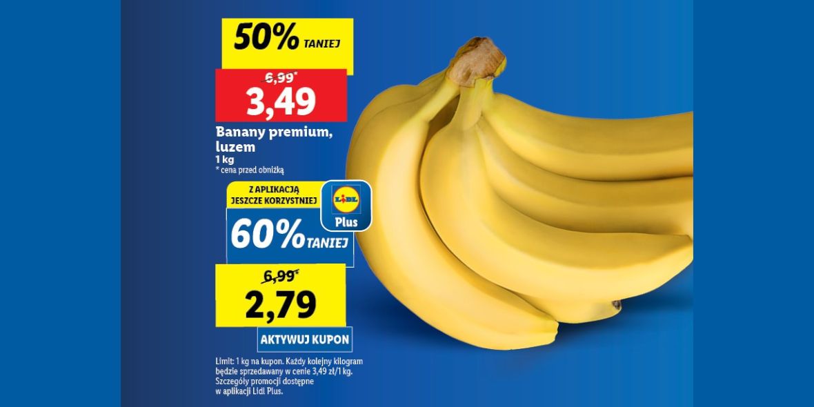 Lidl: KUPON Do -60% na banany premium 16.05.2024
