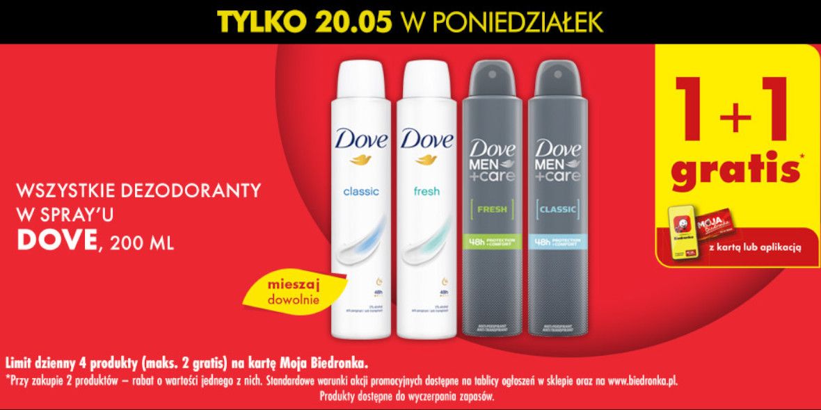 Biedronka: 1+1 GRATIS wszystkie dezodoranty w spray'u Dove 20.05.2024