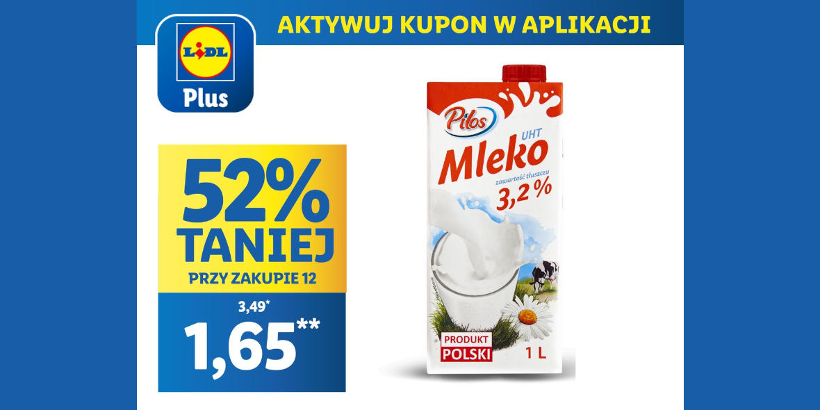 Lidl: KUPON -52% na mleko Pilos 22.02.2024
