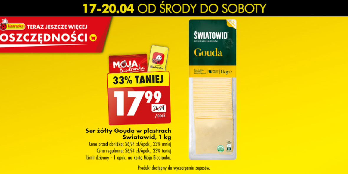 Biedronka: -33% na ser żółty Gouda w plastrach Światowid, 1 kg 17.04.2024
