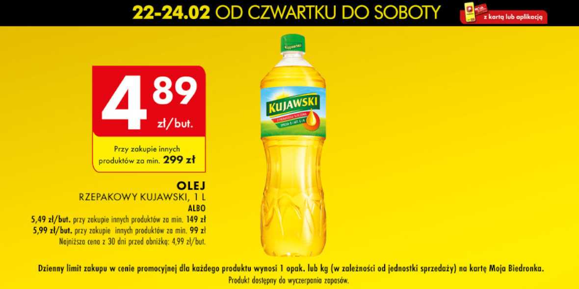 Biedronka: Od 4,89 zł za olej rzepakowy Kujawski, butelka 1 l 23.02.2024