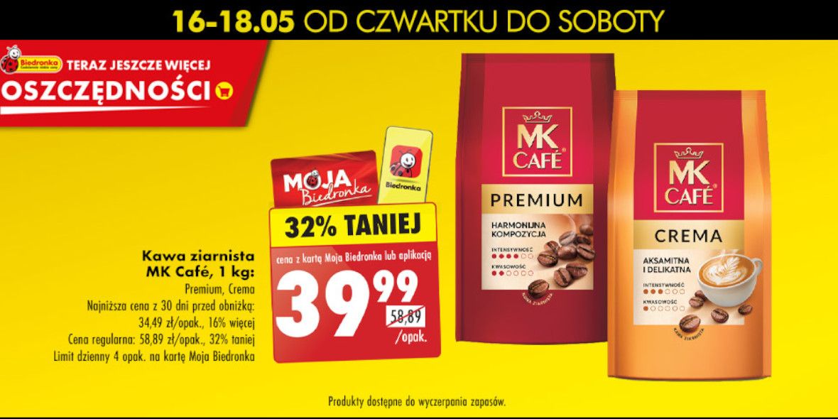 Biedronka: -32% na kawę ziarnistą MK Cafe 16.05.2024