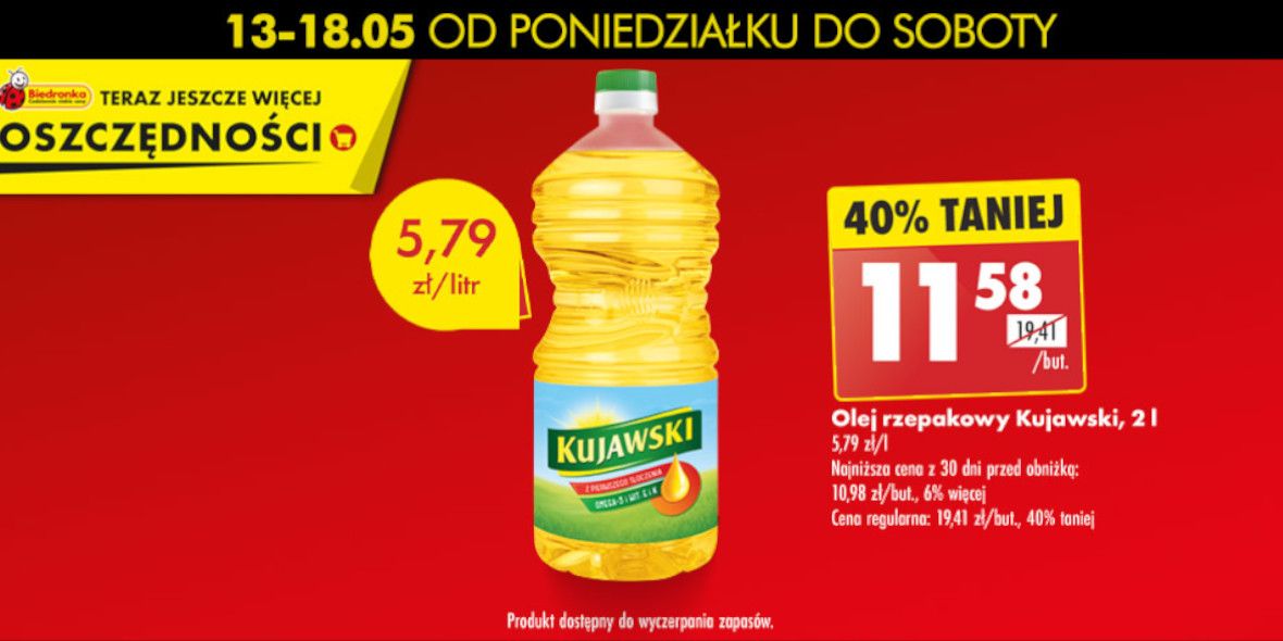 Biedronka: -40% na olej rzepakowy Kujawski, 2 l 15.05.2024